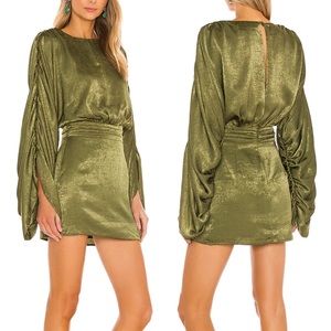 House of Harlow 1960 NWT Olive Green Long Ruched Sleeve Nika Mini Dress - Medium